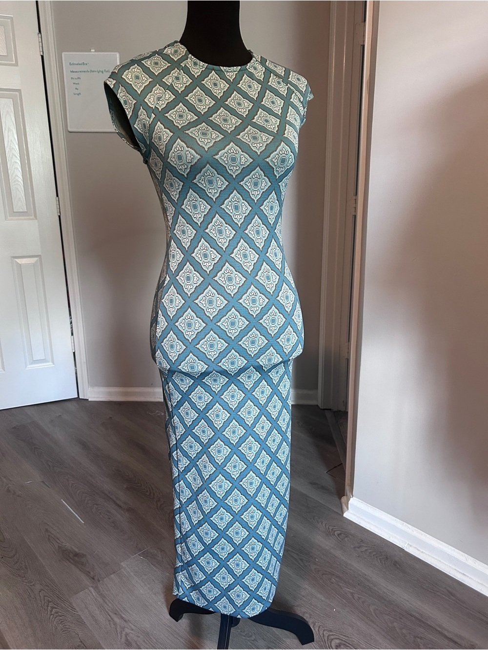 Zara Knit Jacquard Midi Dress Sage Green Open Back Bodycon Boho Size Small
